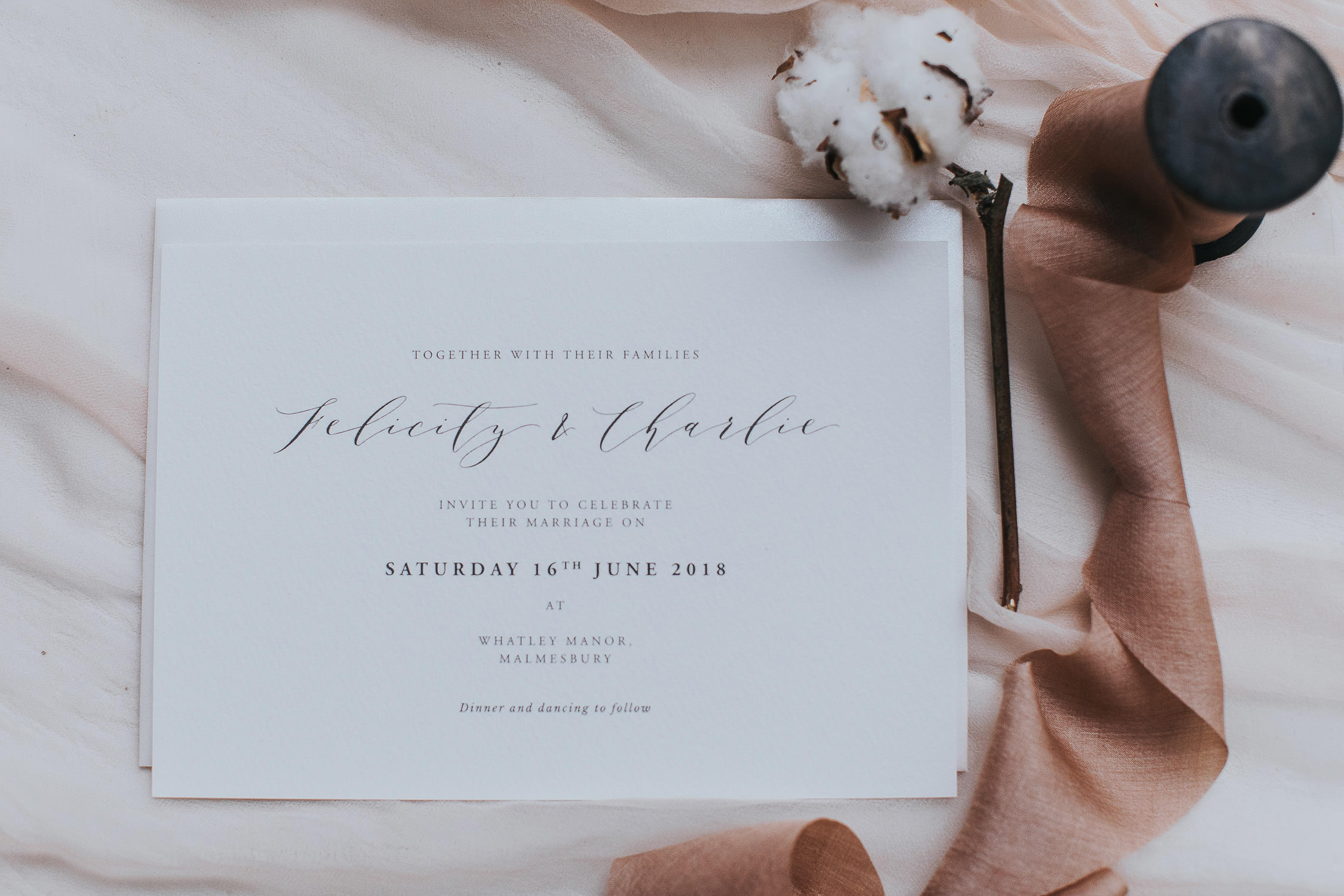 flat lay styling wedding invitation